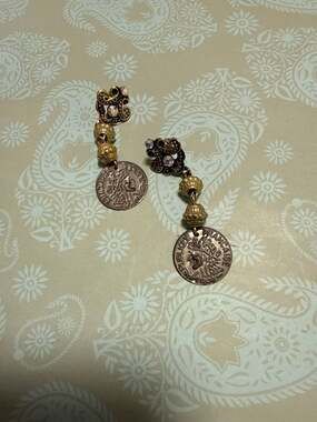 Vintage Republique Francaise Faux Coin Dangle Earrings with Iridescent Rhineston
